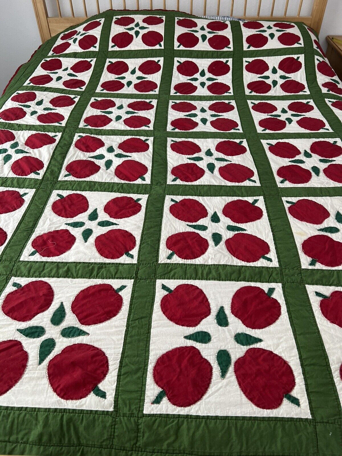 Vintage Appliquéd Quilt, Apple Design, Hand Quilted in Red Thread, 68 x 80”