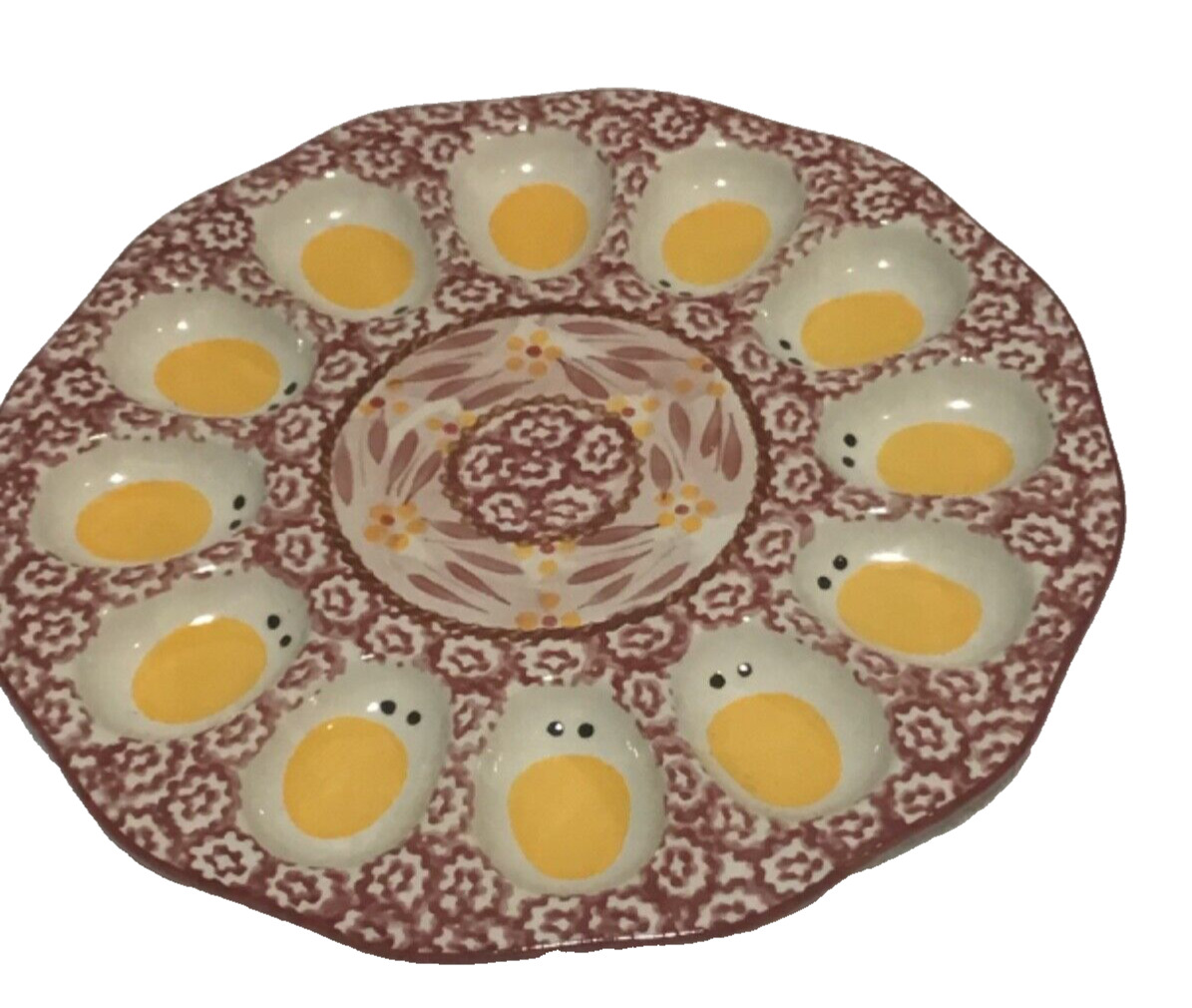 Temp-tations 10” Hand Painted Deviled Egg Chick Egg Platter Old World Red