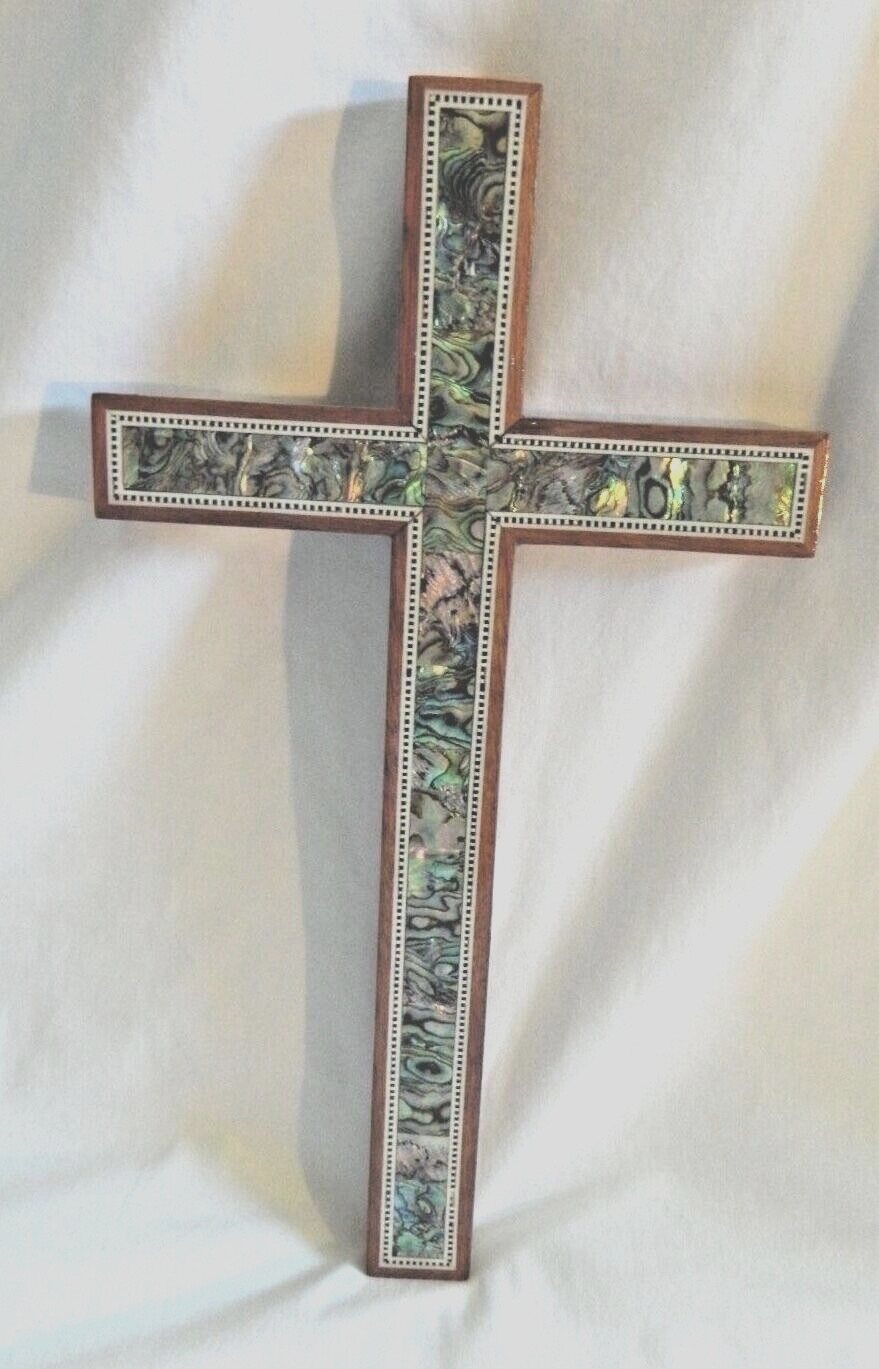 Large Egyptian Handmade Paua Inlaid Wooden Cross 11.25\
