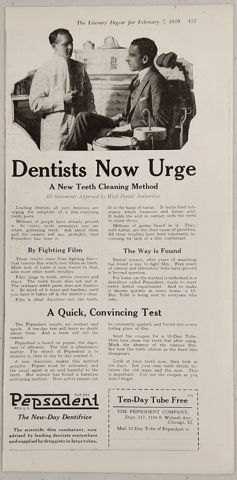 1920 Print Ad Pepsodent New Day Dentrifice Toothpaste Dentist Patient Chicago,IL