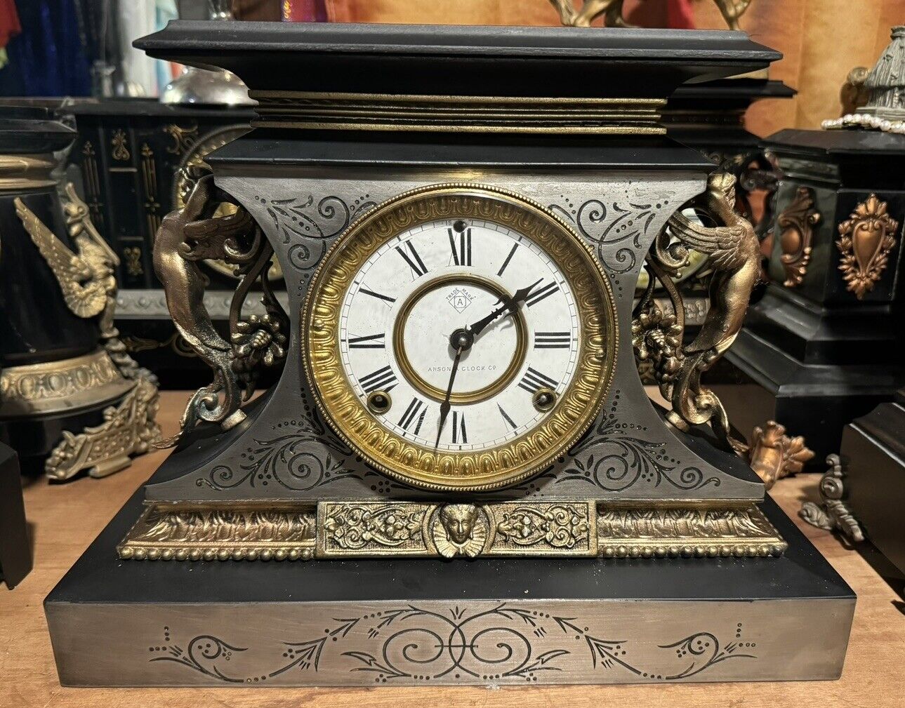 Antique Ansonia Mantle 8-day Clock, Cast Iron - Steel. Heavy