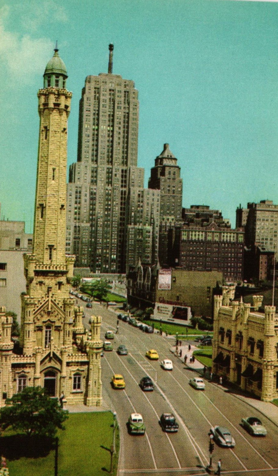 Vintage Postcard - Michigan Ave Old Water Tower Municipal Buildings C1960