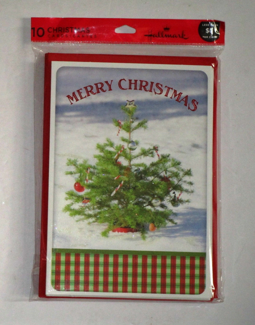Christmas Cards Cello Pack Merry Christmas Pine Tree Decorated Snow Red Env 10pc