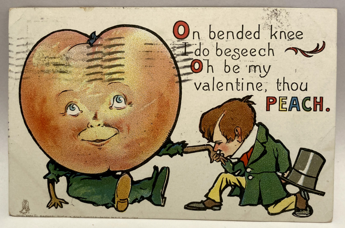 1906 Anthropomorphic Peach, Romance, Vintage Valentine TUCK Postcard
