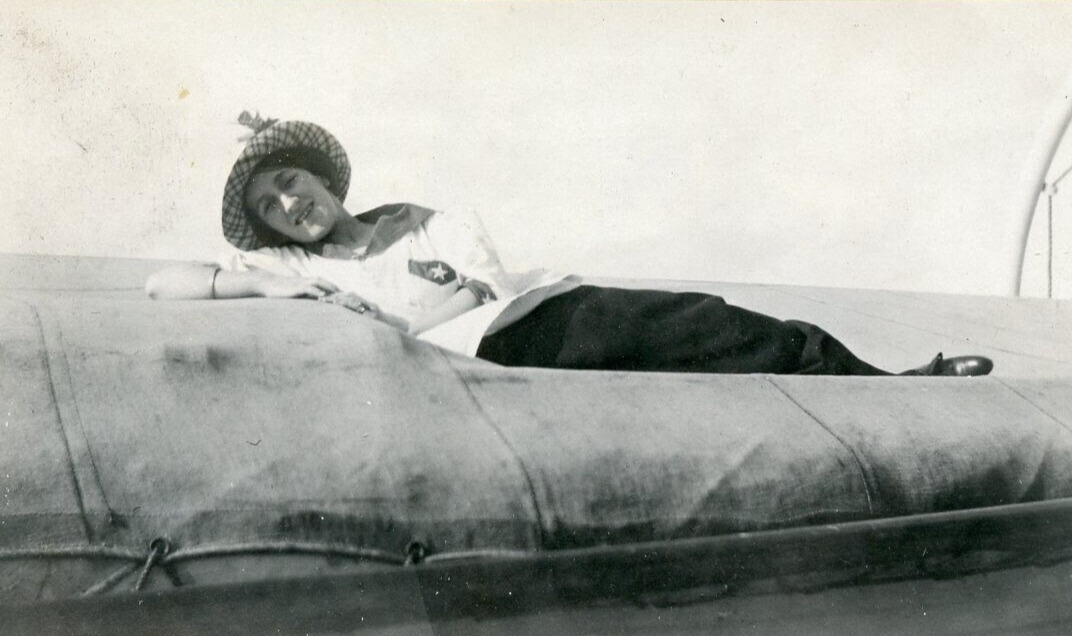 BC256 Original Vtg Photo WOMAN LOUNGING LIFE BOAT ABOARD SHIP c Early 1900\'s