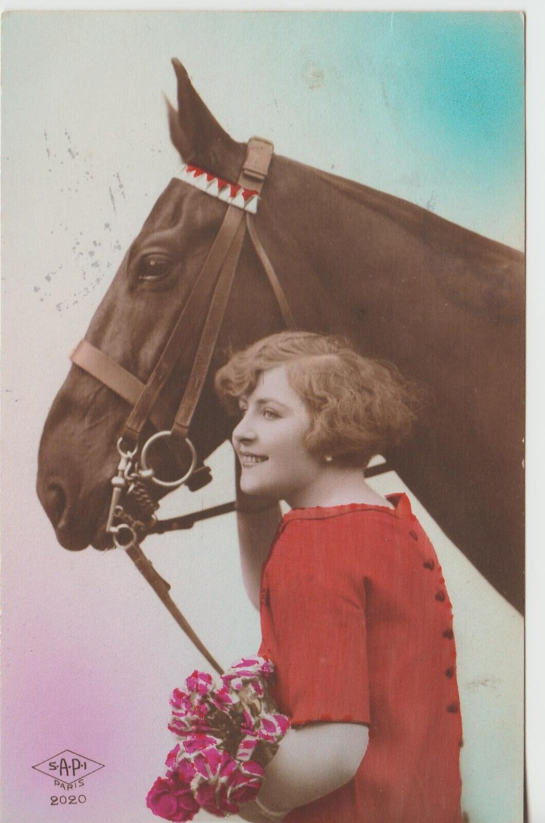 Woman & Horse 1926 Tinted Postcard