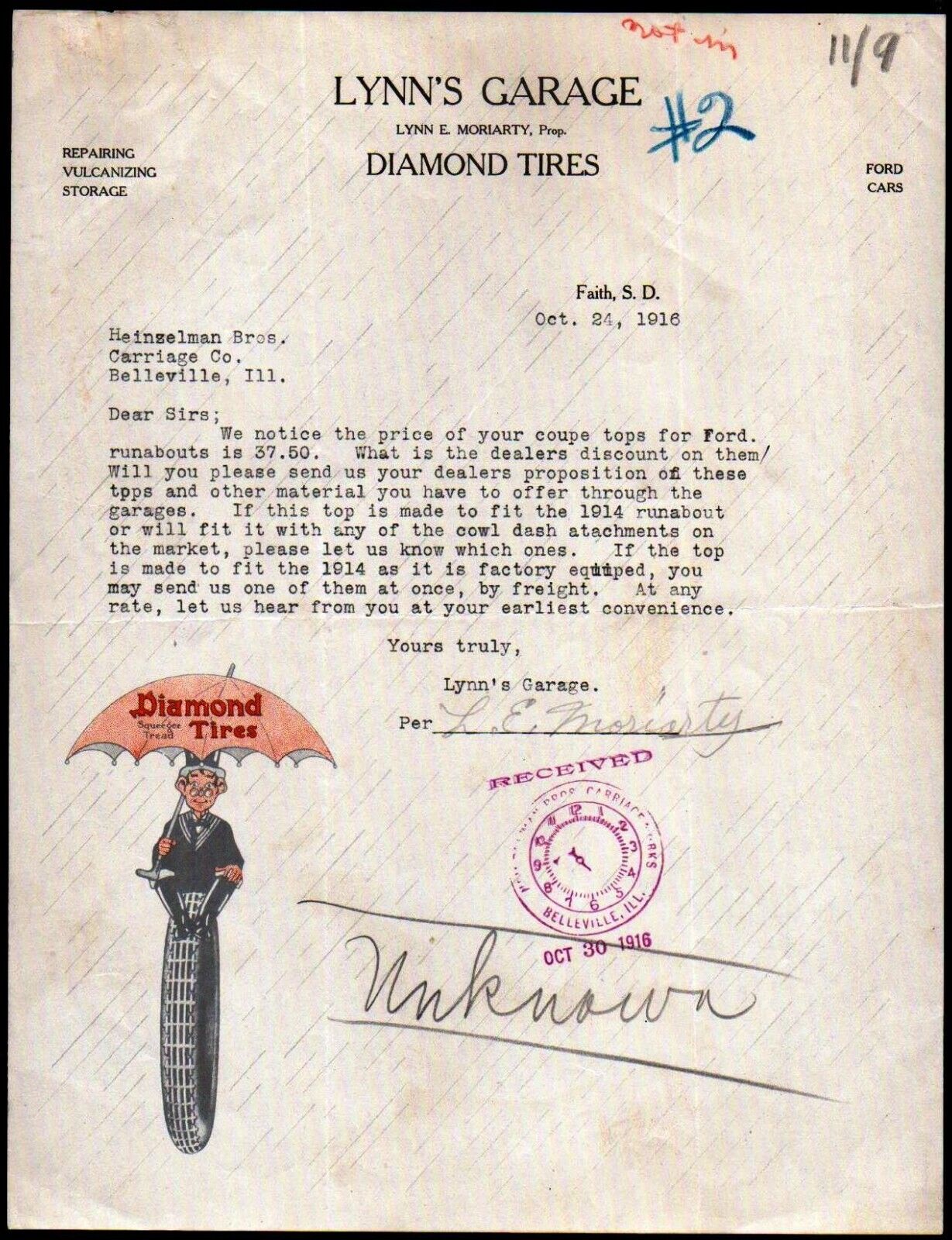 1916 Faith SD - Lynns Garage - Diamond Tires - Color Rare Letter Head Bill