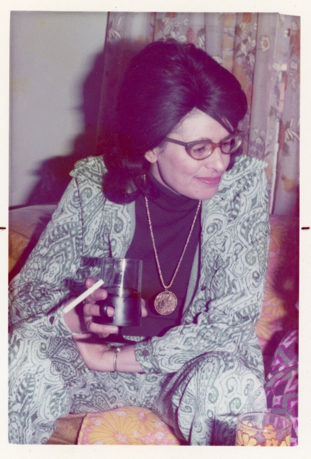 Vintage Photo Cool Woman 1970s Peace Love Smoking Cigarette Paisley Pants Jacket
