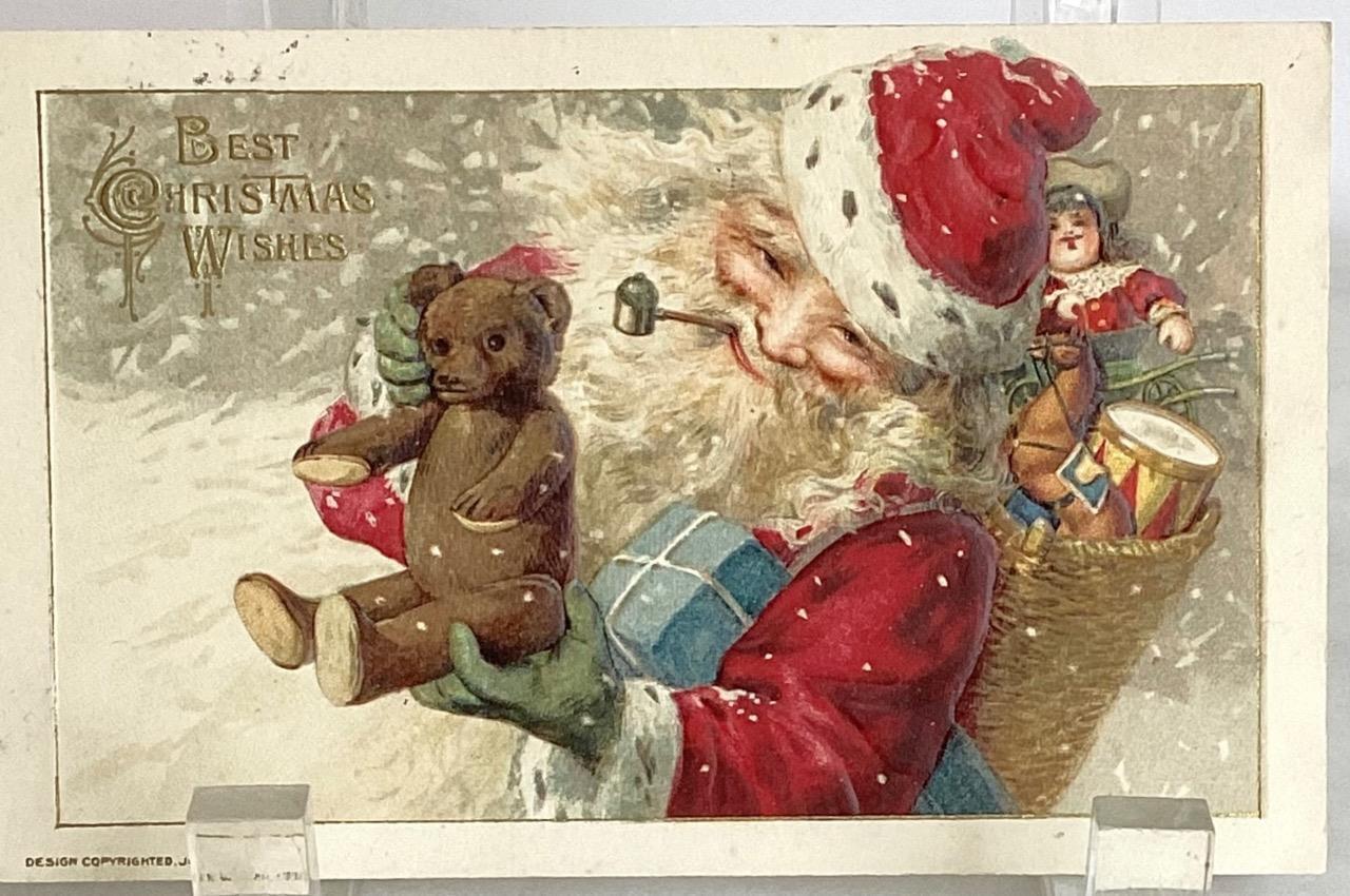JOHN WINSCH 1914 SANTA CLAUS GERMANY POSTCARD TEDDY BEAR TOYS PIPE CHRISTMAS
