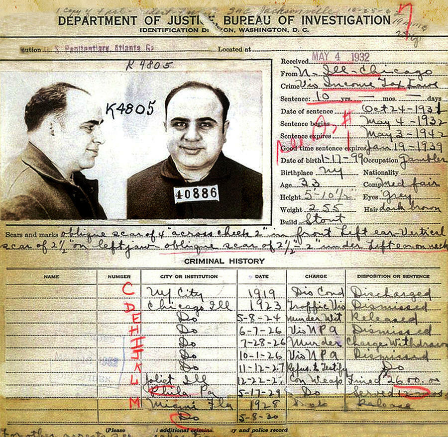 Al Capone's Mug Shot, with arrest record vintage photo reproduction  016