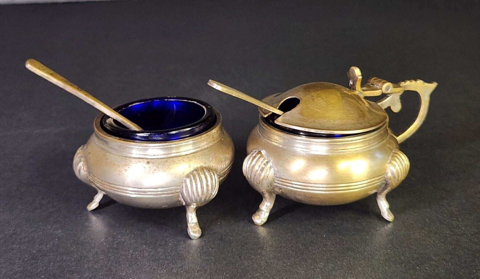 6 Piece Antique Mustard Pot Jar Open Salt Bowl Silver Plate Brass Cobalt Blue