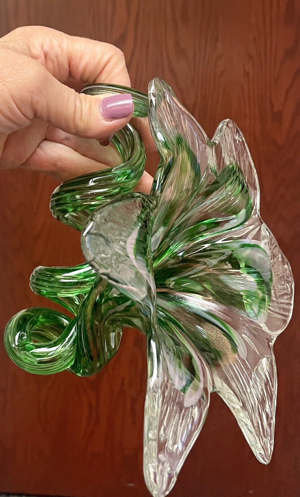 Lovely Hand Blown Spiral Stem Green Lily Metallic Swirl Glass Figurine Murano?