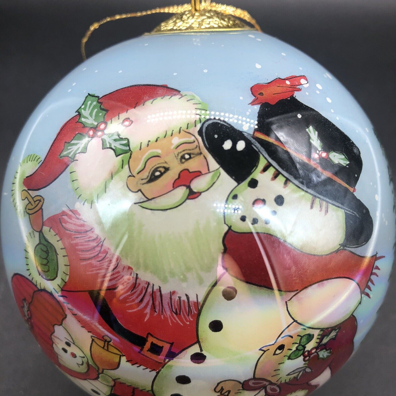 Santa W Snowmen & Child Reverse Inside Painted Christmas Ornament 2001 JC Penney