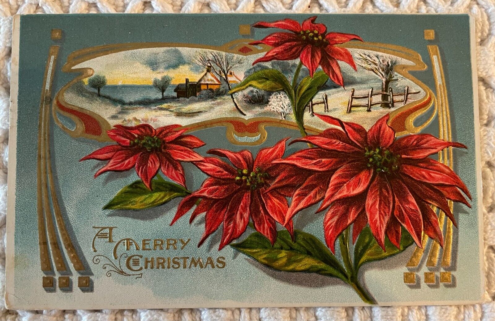Art Nouveau Poinsettia Merry Christmas postcard Winter Snow Scene embossed