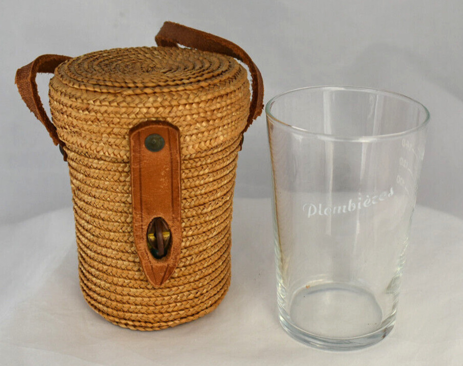 Antique French Vichy PLOMBIERES Souvenir Water Glass Woven Basket