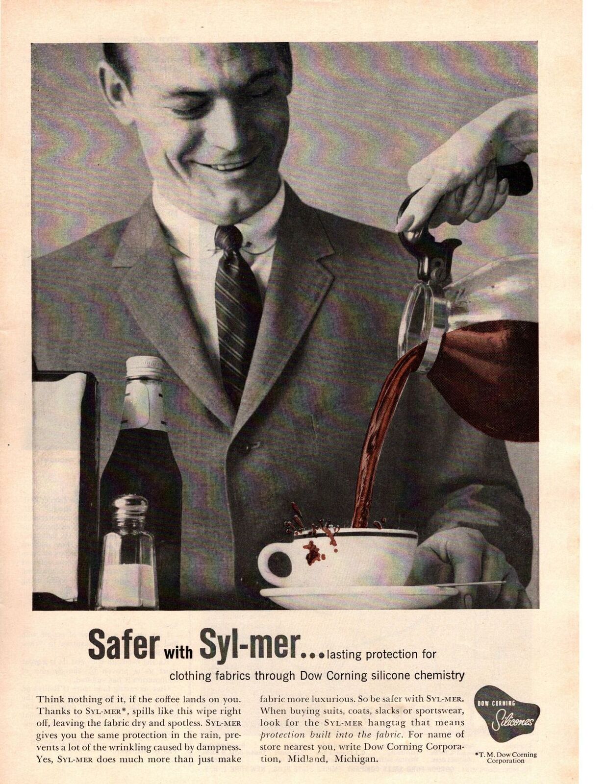 1958 Syl-Mer Clothing Fabric Dow Corning Silicone Spilled Coffee Diner Print Ad