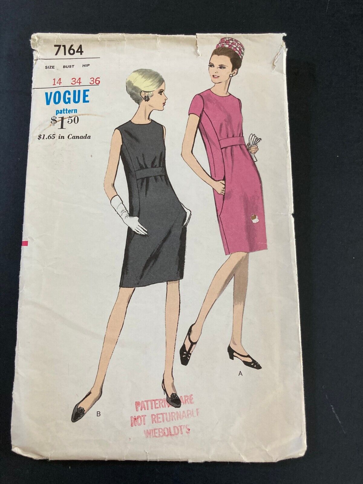 Vintage VOGUE 1967 Sewing Pattern One-Piece Dress #7164 Sz 14 CUT RETRO