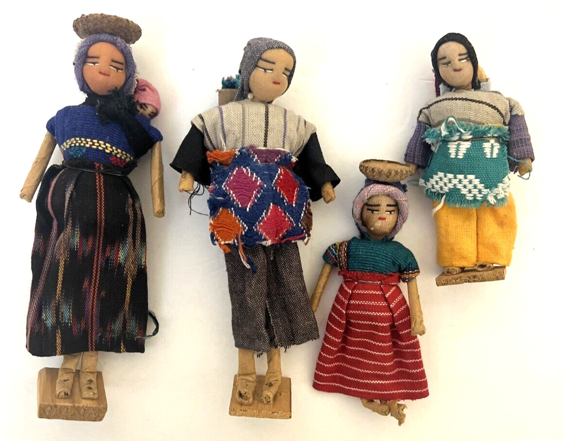 Handmade Guatemalan Worry Dolls Vintage Lot Of 4 Different Dolls