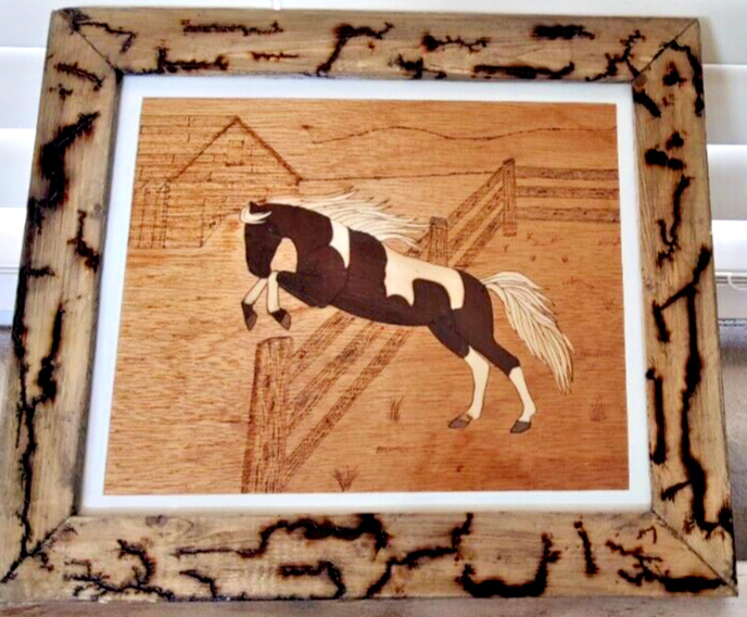 Wood Marquetry Inlay Horse Fractal Burned Frame Handcrafted