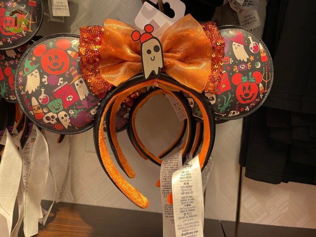 Rare Mickey Pumpkin Disney Parks Headband Sequin Bow Ears Halloween Ghost