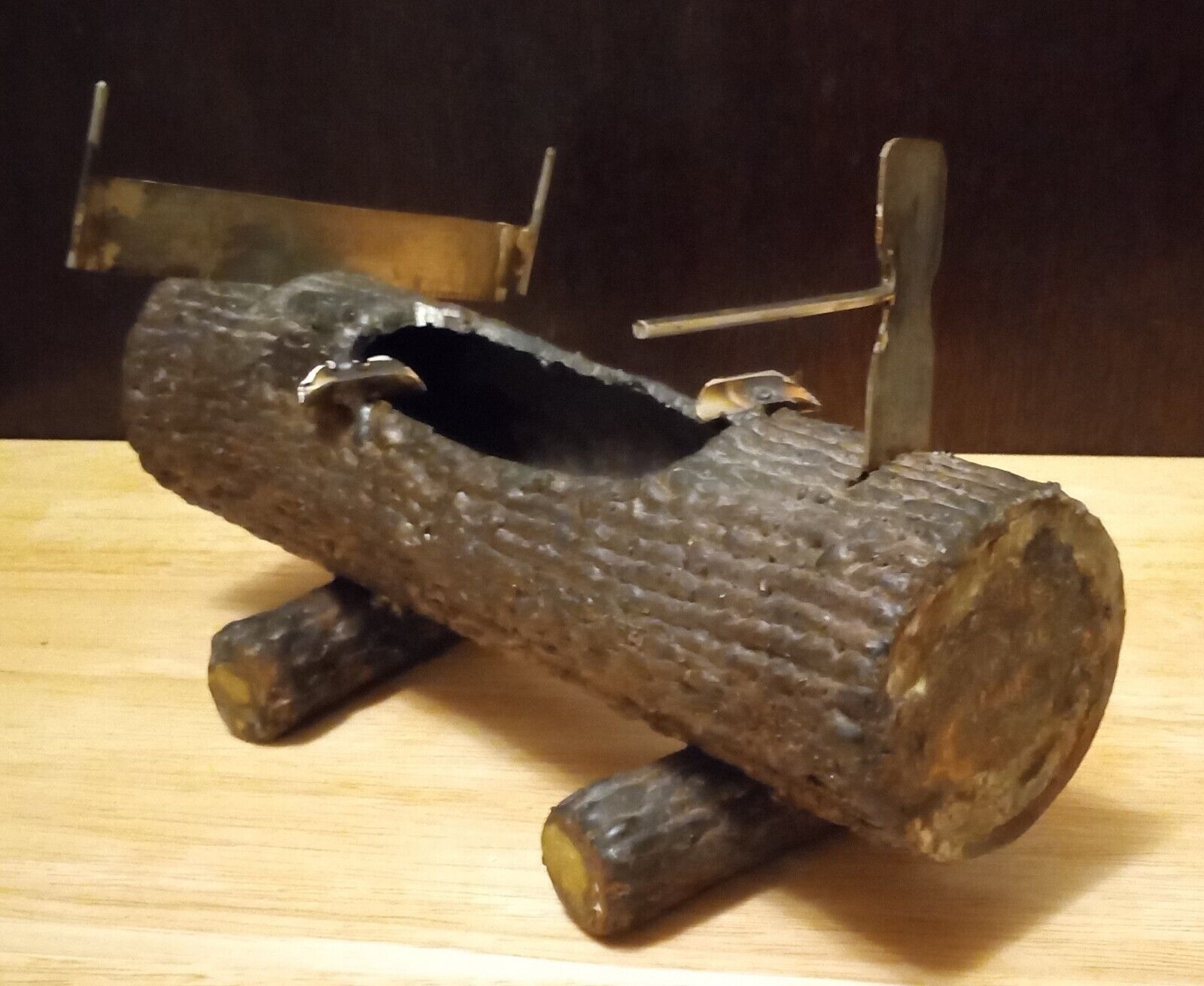 Vintage Logger Ashtray Weld Art Sculpture Bark Log w/Removable Axe Cigar Cutter 