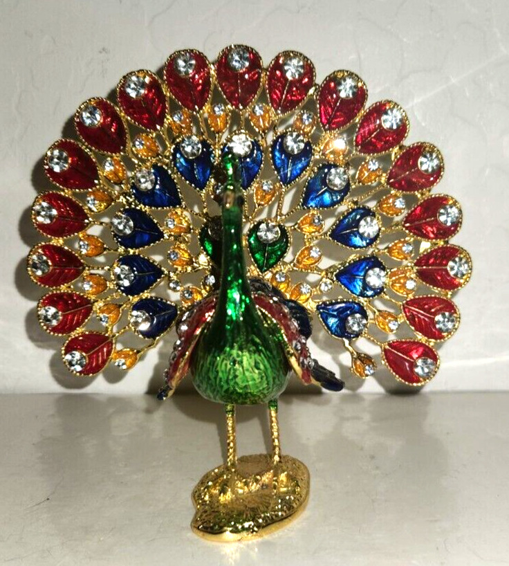 Vintage Beautiful Jeweled Peacock Magnetic Trinket box