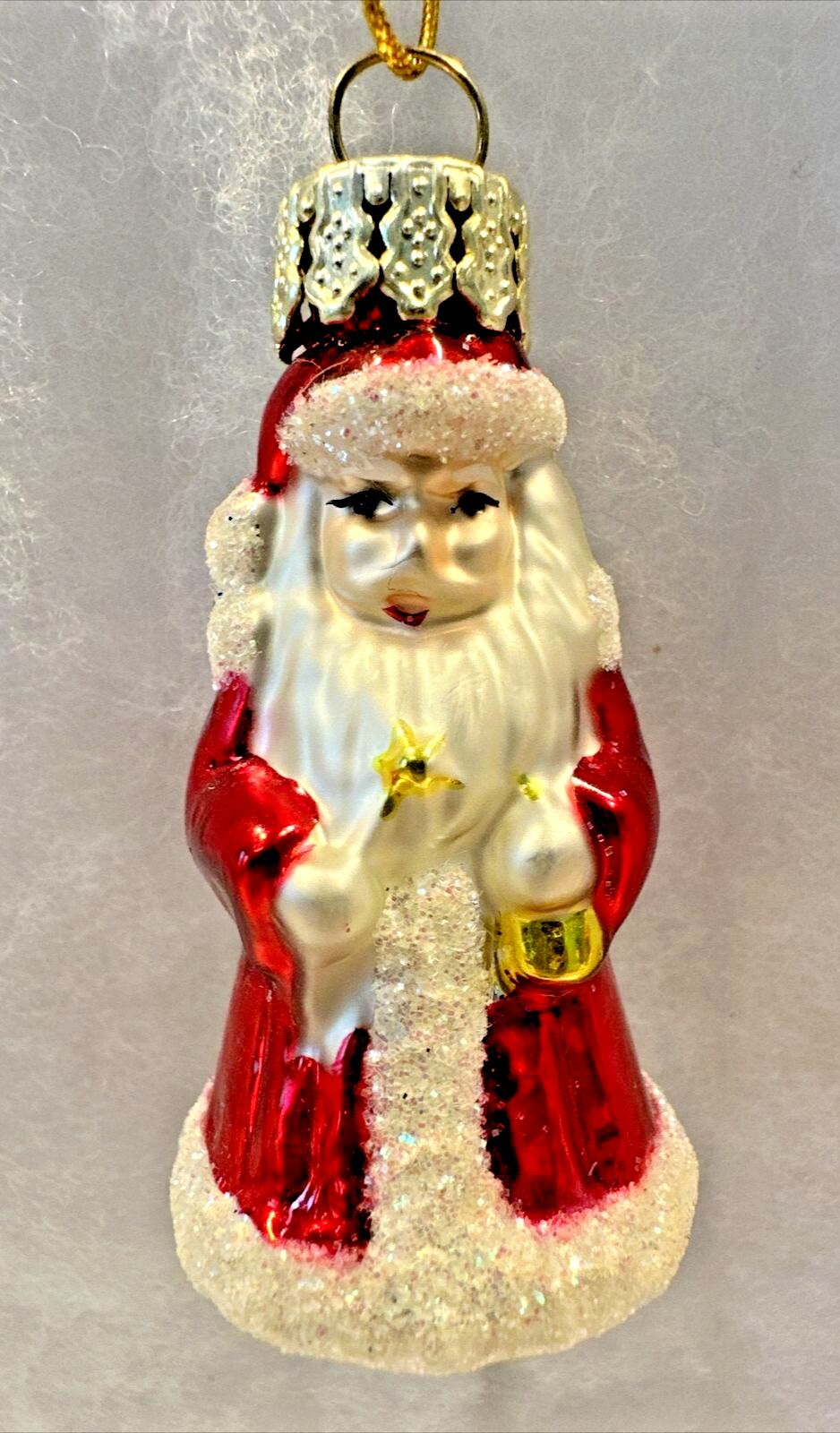 Vintage 1980s Blown Glass Lady Santa Claus w/ Mica Glitter Christmas Ornament 2”