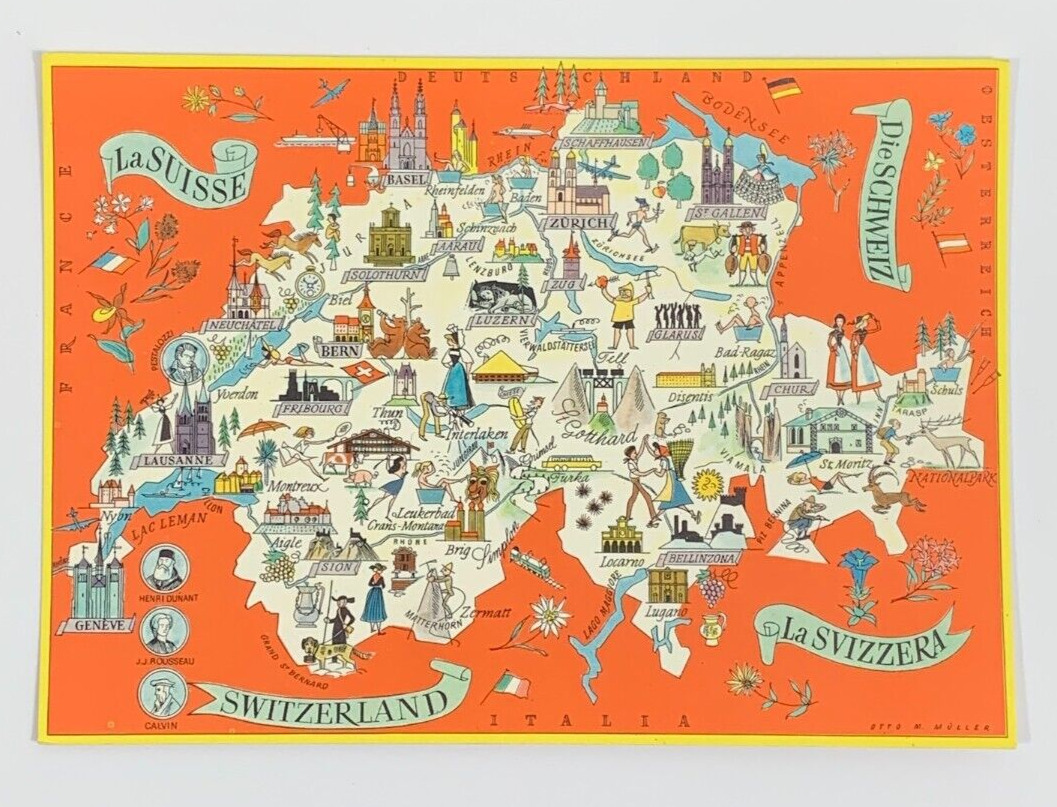 Map of Switzerland Postcard Union Bank of Switzerland Advertising Vintage