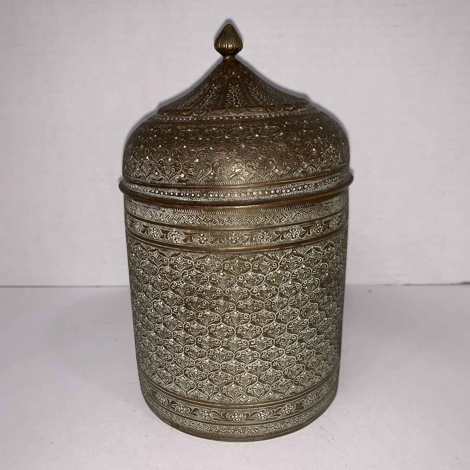 Vintage /Antique Decorative Indian Brass Engraved Container Tea/ Tobacco 7.5”