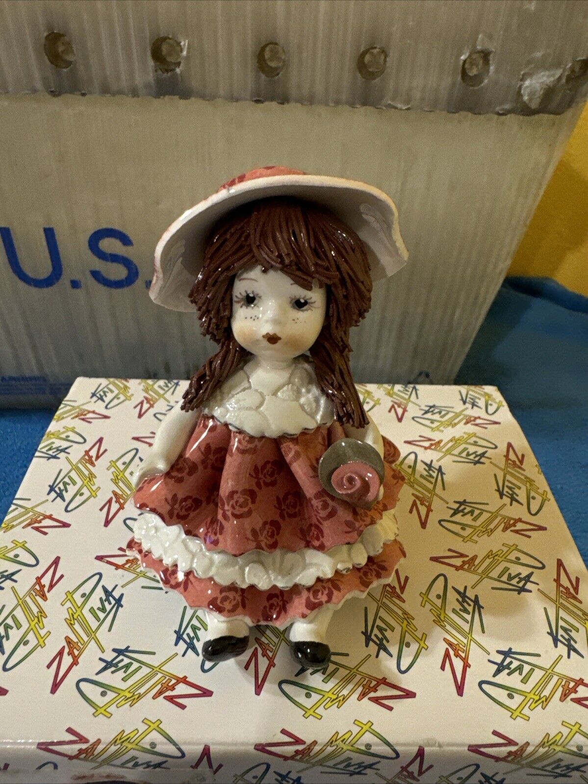Retro LINO ZAMPIVA Spaghetti Ware 4” Doll Figurine~Girl w/Red Dress Holding Rose