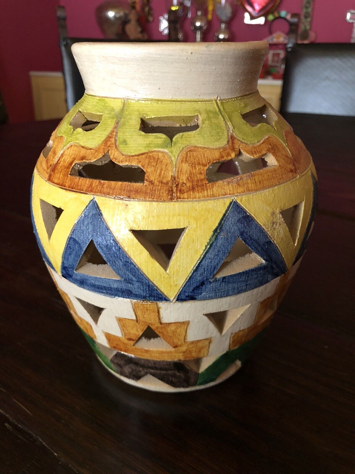 Vintage Unique Mexican Clay Vase With Geometric Cutouts
