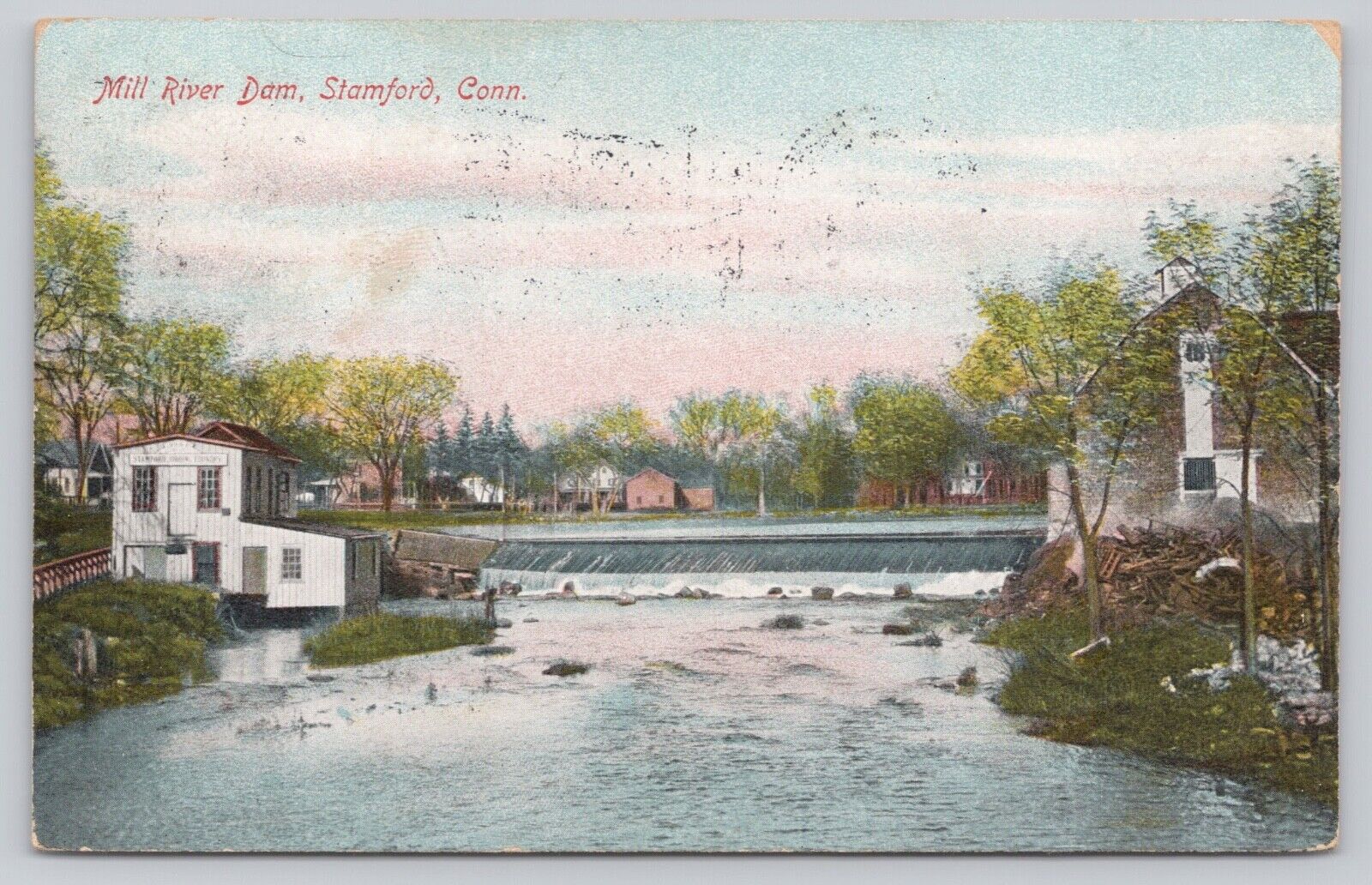 Stamford CT, Mill River Dam, Connecticut c1908 Vintage Postcard A2
