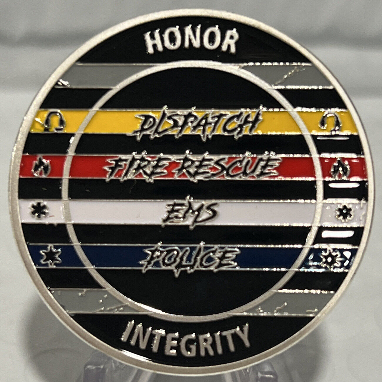 * Dispatch Fire EMT EMS Police Challenge Coin Honor Integrity Rescue Silver Trim