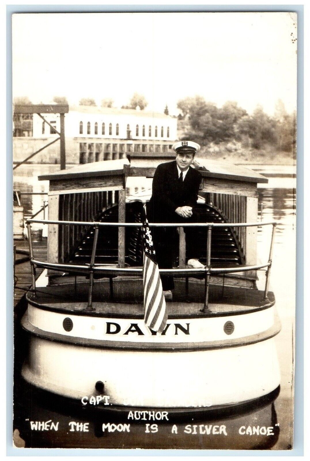 Capt. Don Saunders When The Moon Is Silver Canoe Boat Dawn RPPC Photo Postcard