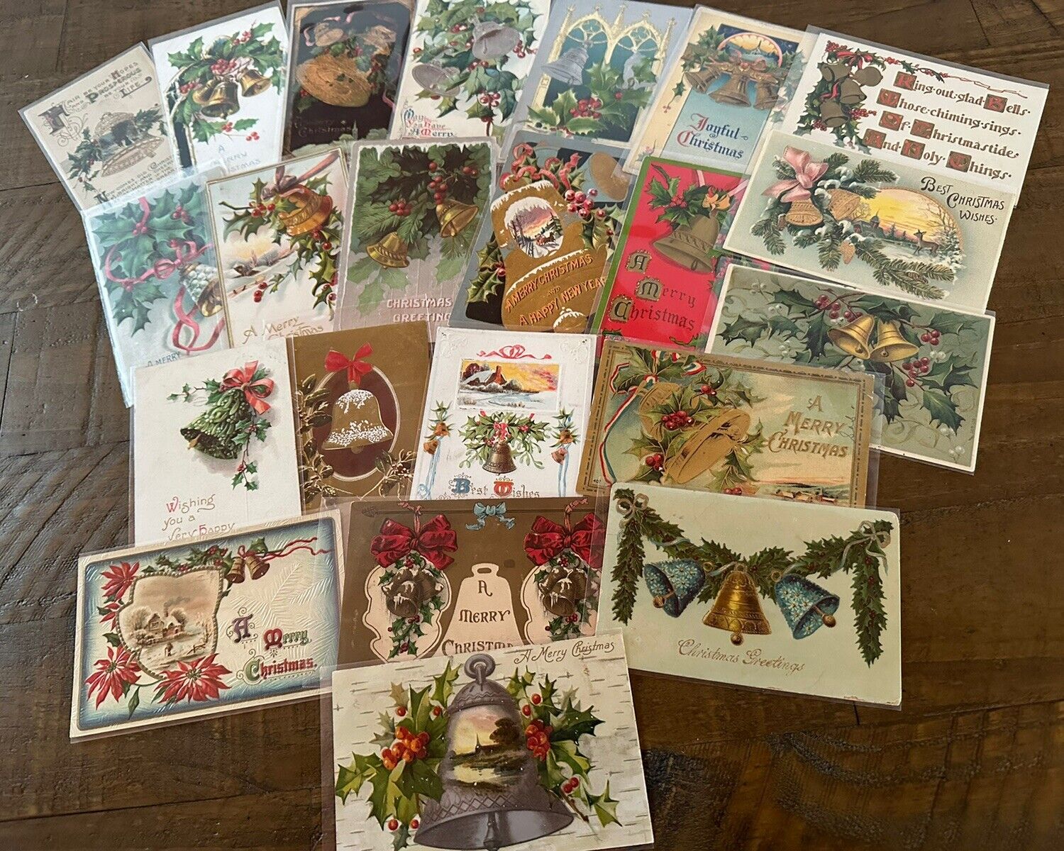 Lot of 22 ANTIQUE~ Christmas Postcards with Holly~ Bells~ etc.~in Sleeves~h554