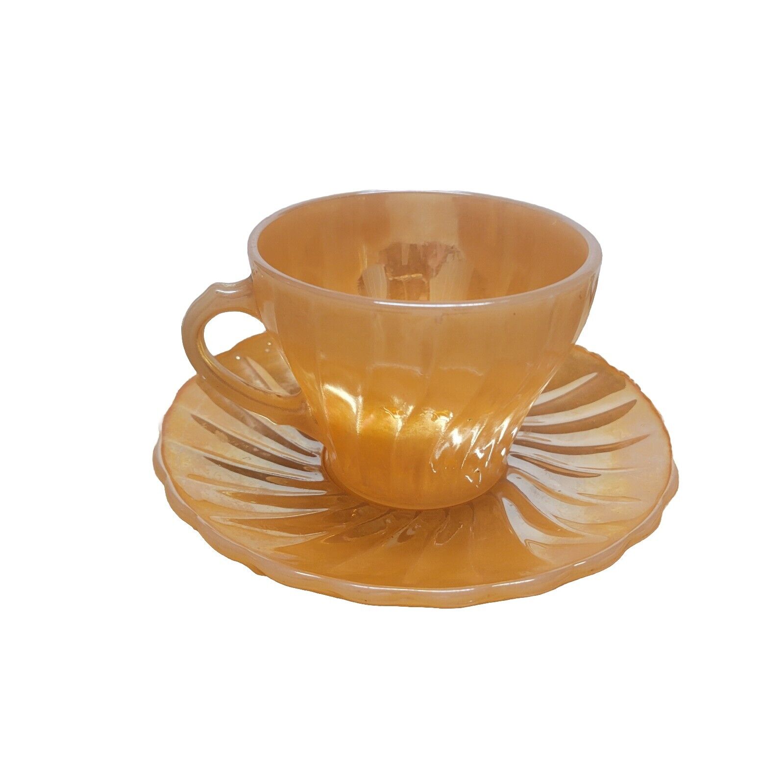 Fire-King Peach Lustre Shell Coffee Cup & Saucer Set Tea Anchor Hocking 70s Read