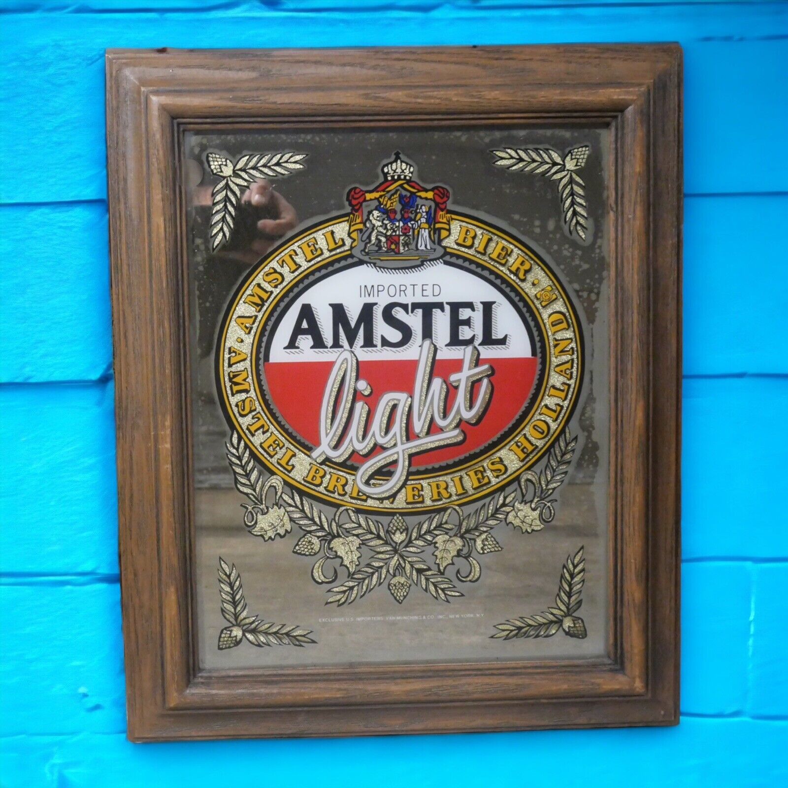 Vintage 1970\'s Amstel Light Beer Gold Foil Faux Wood Frame Bar Mirror