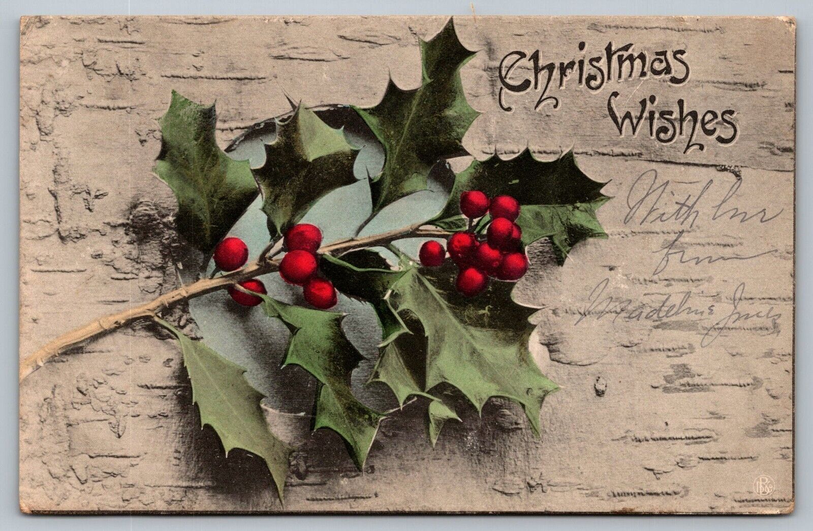 Postcard D&C Christmas Wishes Green Holly and Berries Berlin c1905 XMas