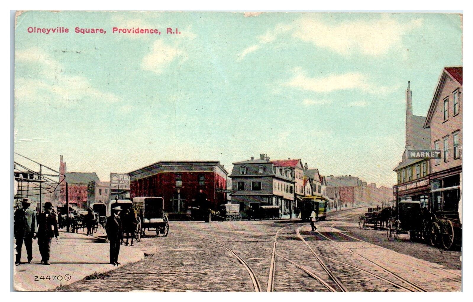 1911 Olneyville Square, Trolley and Horse-Drawn Wagons, Providence, RI Postcard