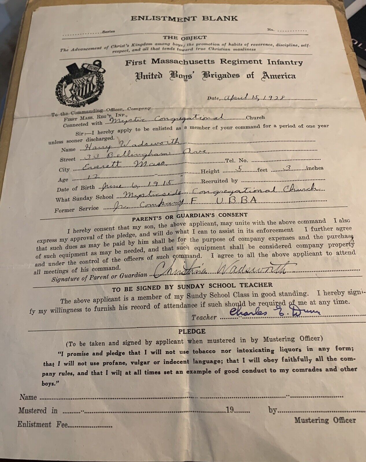 1928 1st Massachusetts United Boys Brigade Enlistment Form 