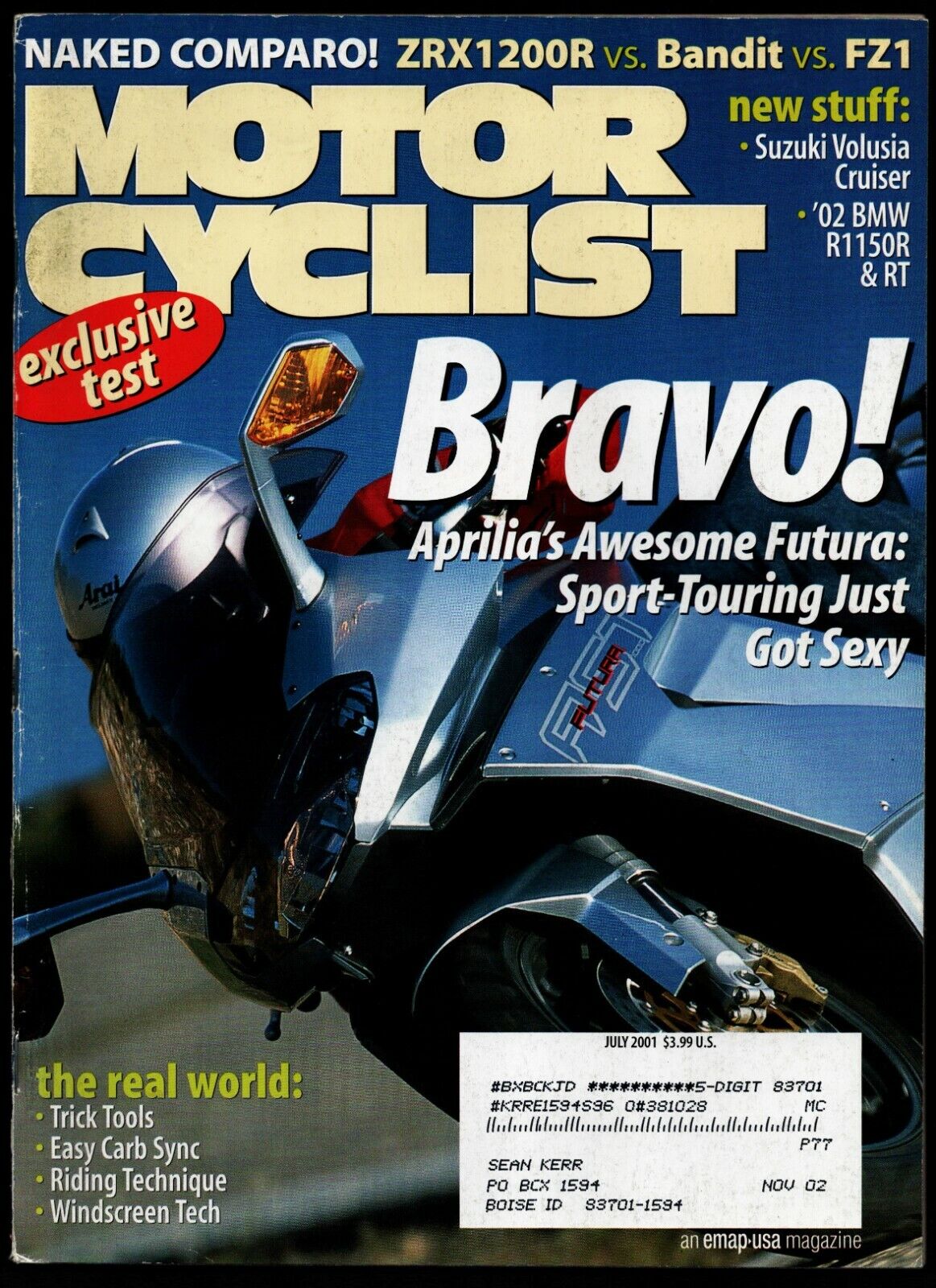 JULY 2001 MOTORCYCLIST MAGAZINE, APRILIA RST1000 FUTURA, SUZUKI VL800 VOLUSIA