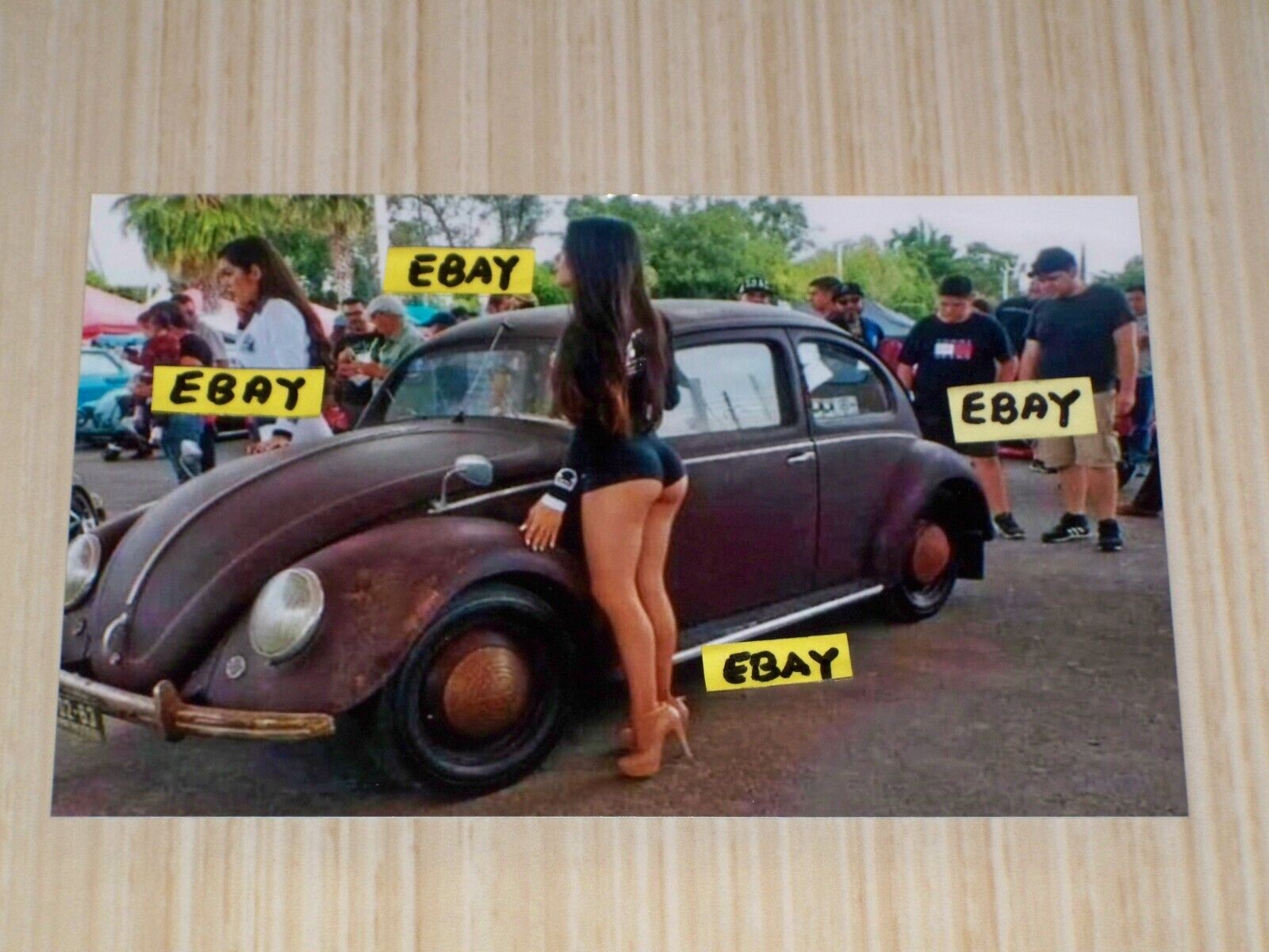 4X6 Photo Cheeky Short Shorts Woman By VW Beetle With Patina Butt Cheeks Out