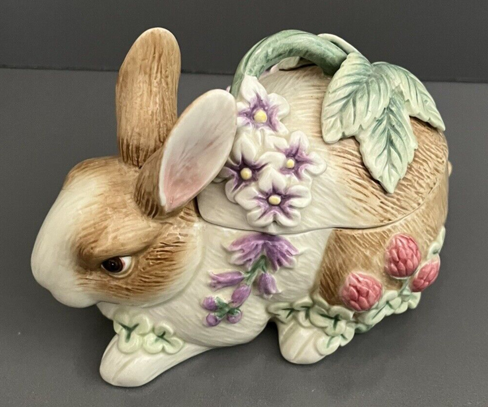 Fitz & Floyd Essentials Rabbit Bunny Spring Floral Covered Candy Dish Bowl VTG