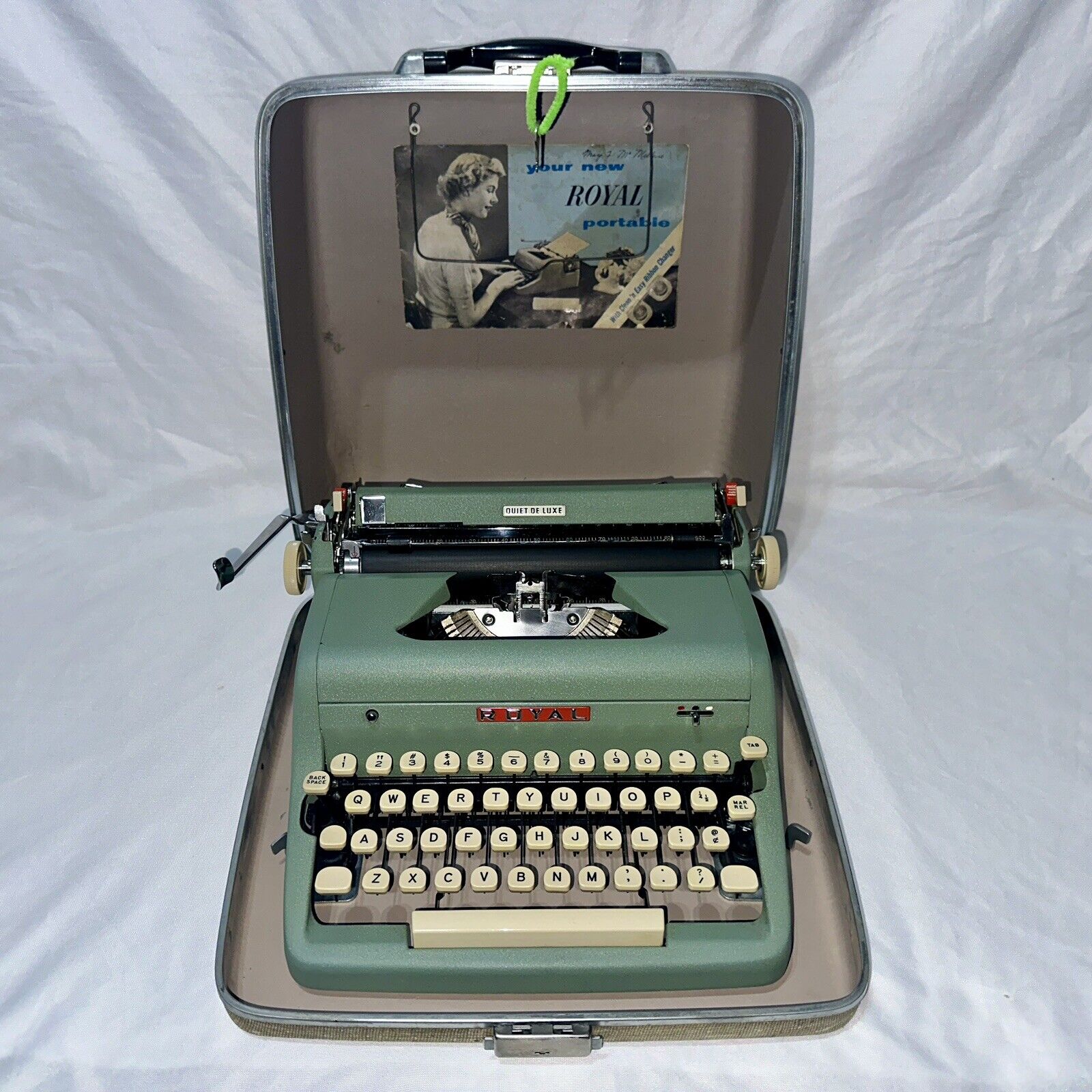 Vintage 1957 Green Royal Quiet Deluxe Portable Typewriter with Case Key  - Works