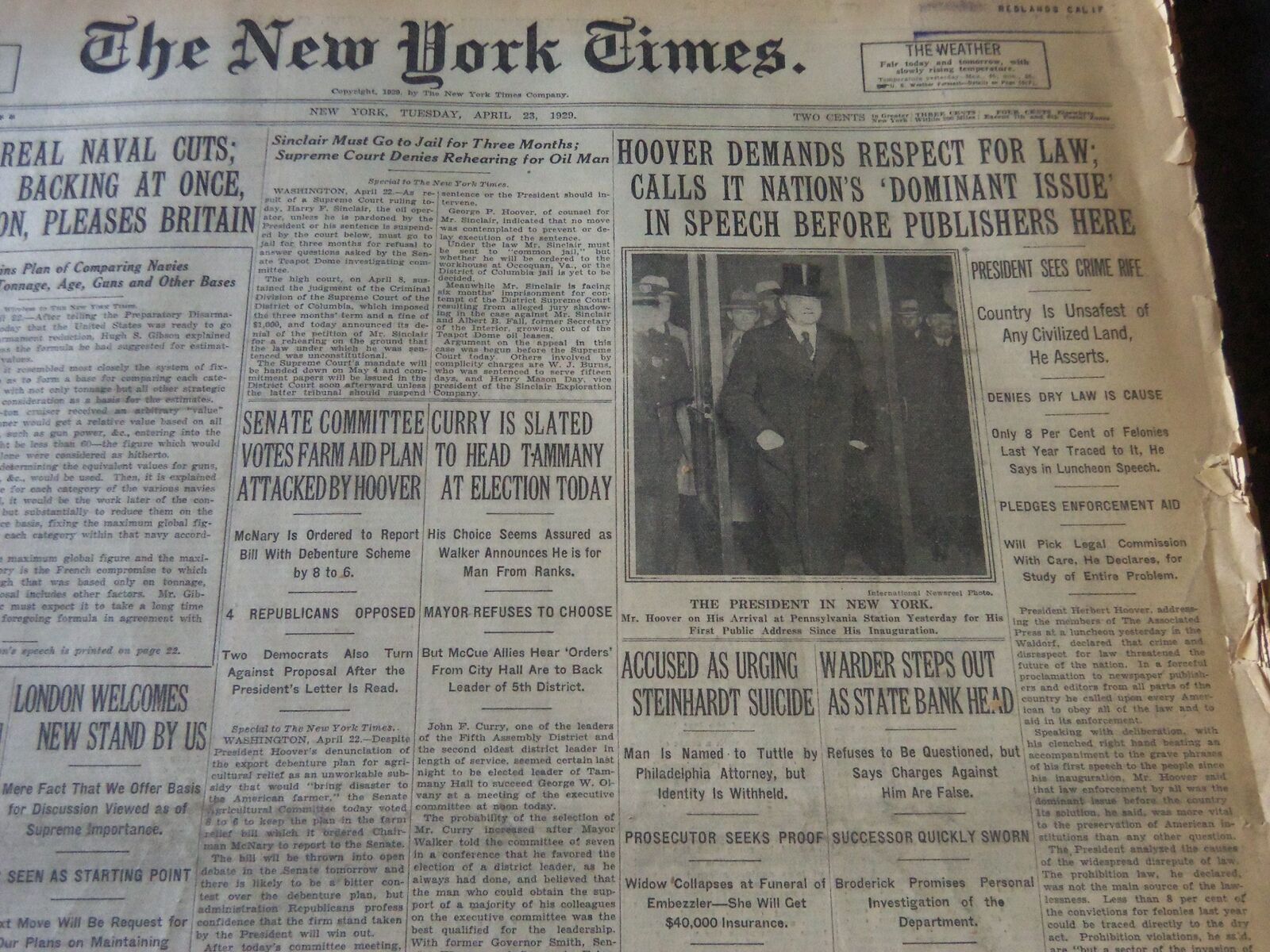 1929 APRIL 23 NEW YORK TIMES - HOOVER DEMANDS RESPECT FOR LAW - NT 6579