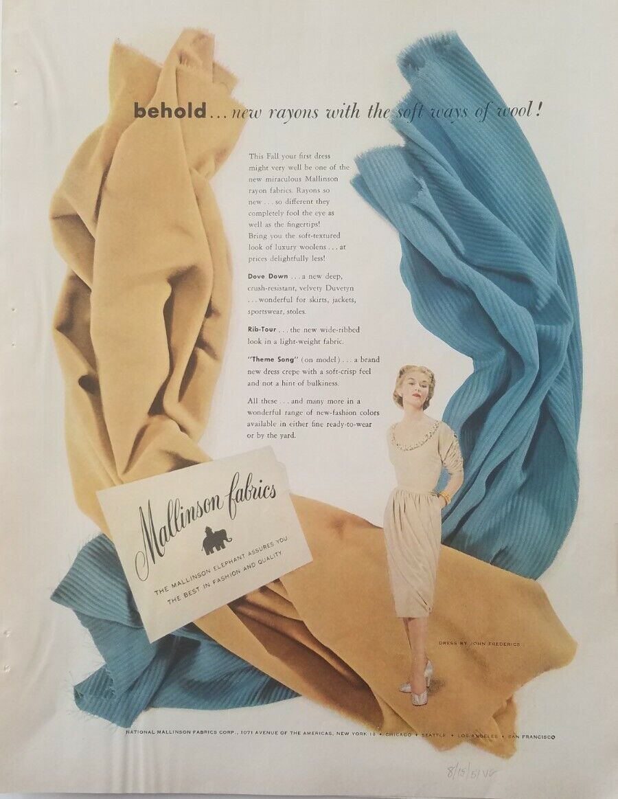 1951 women\'s dress Mallinson fabrics vintage fashion ad  