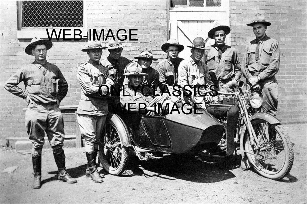 1917 WWI MEN HARLEY DAVIDSON MOTORCYCLE SIDECAR MILITARY 8X12 PHOTO AMERICANA