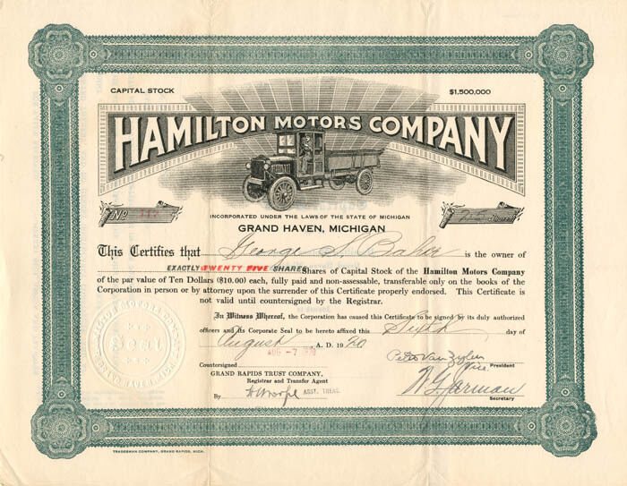 Hamilton Motors Co. - 1920 dated Truck and Car Manufacturer Stock Certificate - 