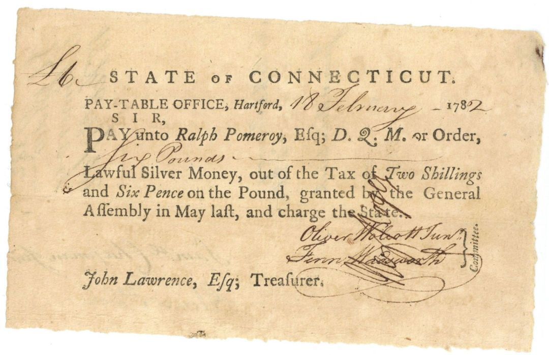 1780\'s dated Pay Order Signed by Oliver Wolcott Jr. - Connecticut - American Rev