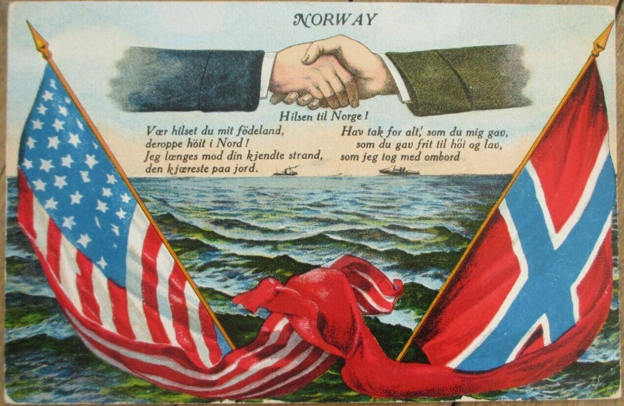 American and Norwegian Flags 1907 Patriotic Postcard, Handshake Norway